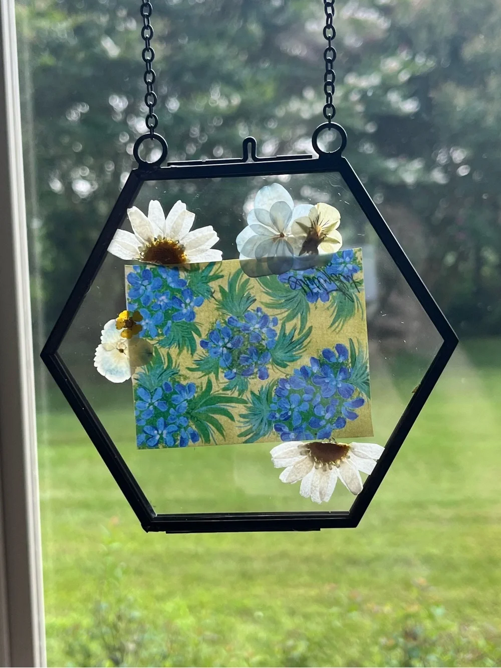 Handmade Hexagon Glass Floral Hanging Decor - Blue & Yellow